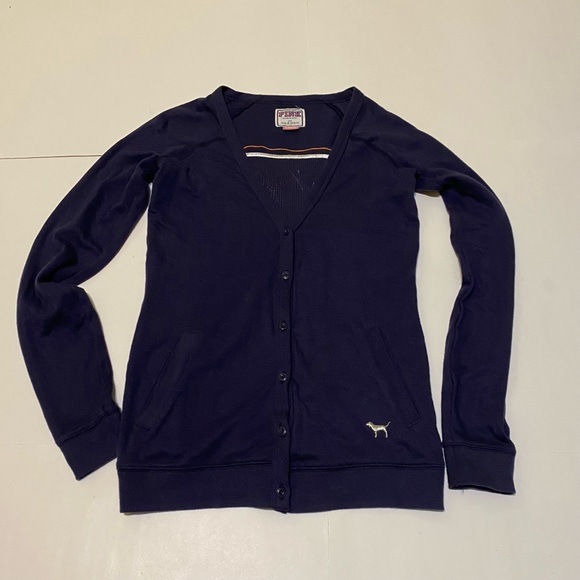 PINK Victoria's Secret Tops - 52. ⭐️ Pink blue long sleeve button down sweatshirt. Size extra small.